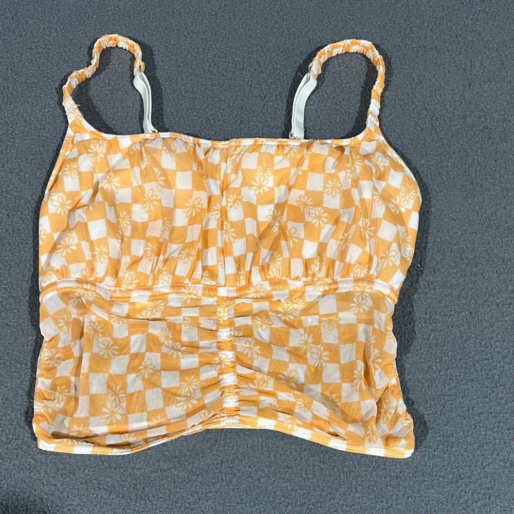 Gilly Hicks Cami Tank Top XS Skater Checkerboard Floral Mesh Ruched Retro Sheer‎